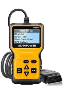 Image of yellow car diagnostic tool with black cord.