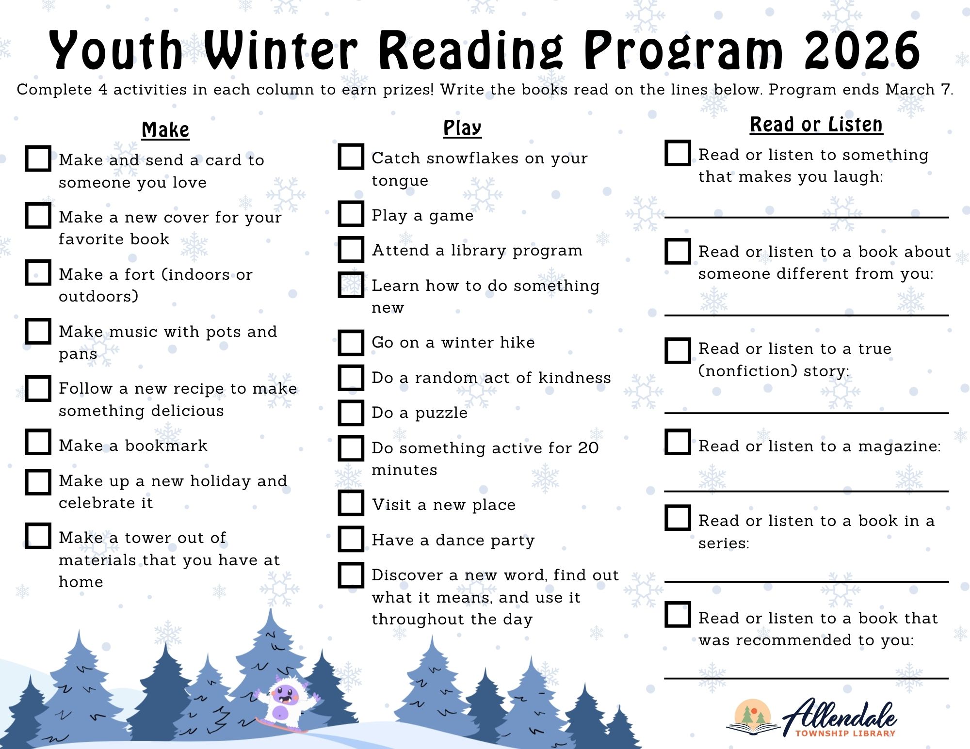 Youth Winter Reading Program Log 2026