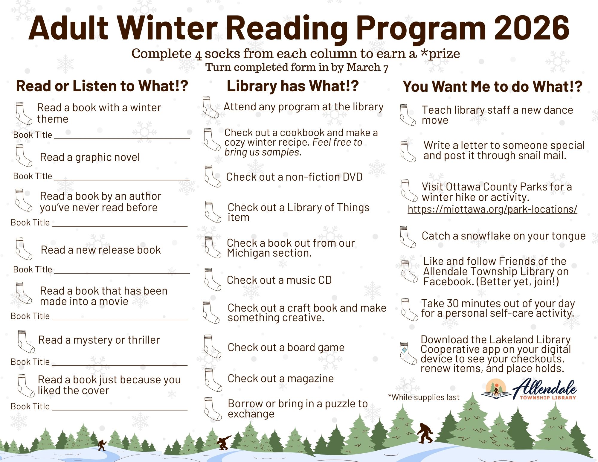 Adult Winter Reading Program Log 2026