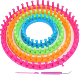Brightly colored circular looms and knitting tools