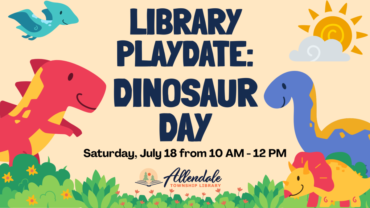 Library Playdate: Dinosaur Day. July 18th from 10 AM to 12 PM